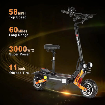 ZO01 plus Electric Scooter Adults 60V 6000W Dual Motor,Up to 58MPH 60 Miles Range E-Scooter with Seat for Adults