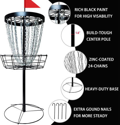 Disc Golf Basket with Discs | Portable Disc Golf Target with Heavy Duty 24-Chains Disc Golf Course Basket, Come with 6Pcs Disc Golf Discs with Carry Bag