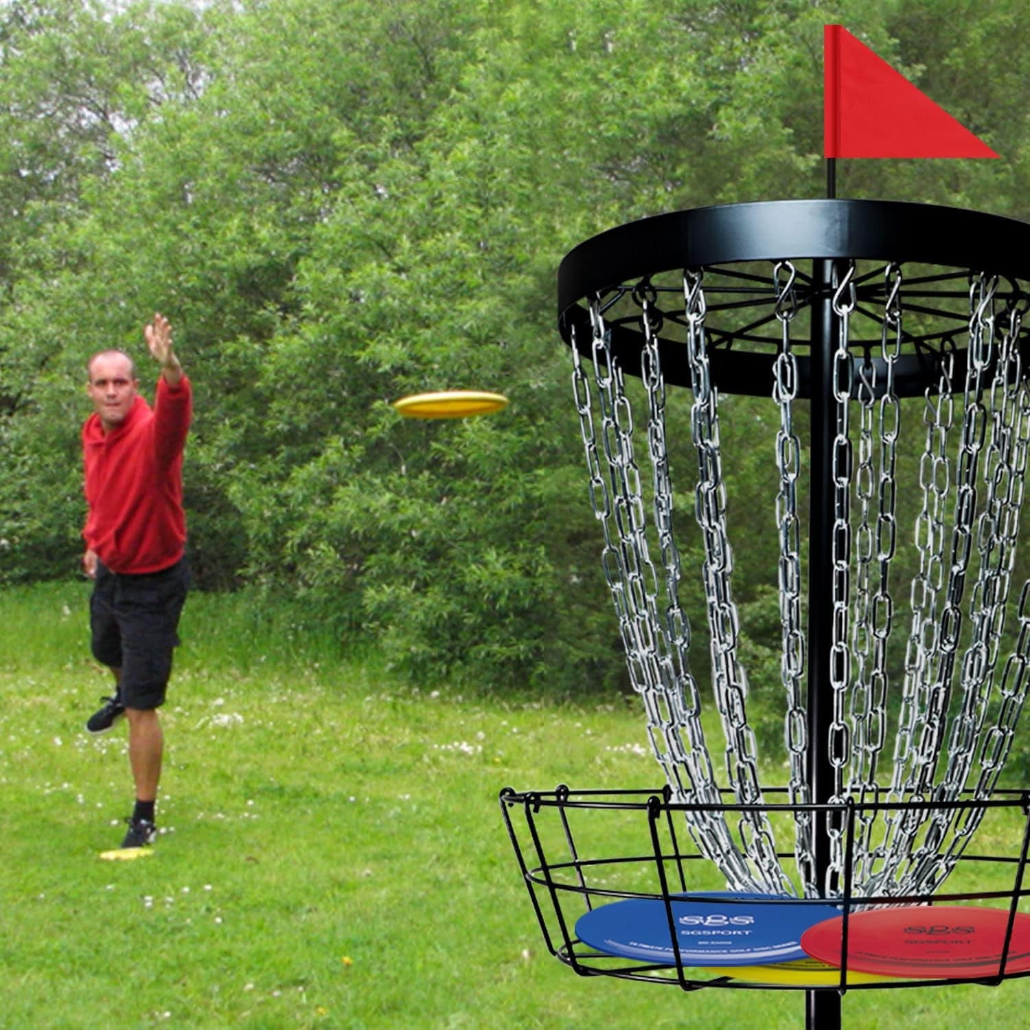 Disc Golf Basket with Discs | Portable Disc Golf Target with Heavy Duty 24-Chains Disc Golf Course Basket, Come with 6Pcs Disc Golf Discs with Carry Bag