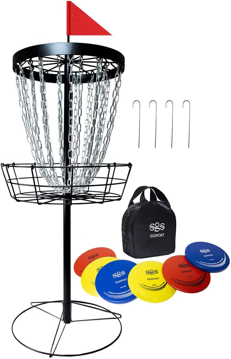 Disc Golf Basket with Discs | Portable Disc Golf Target with Heavy Duty 24-Chains Disc Golf Course Basket, Come with 6Pcs Disc Golf Discs with Carry Bag